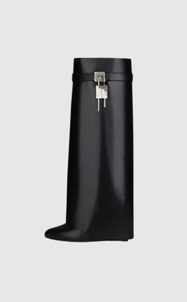 Women’s Black Vegan Leather Knee High Boots with Wedge Heel