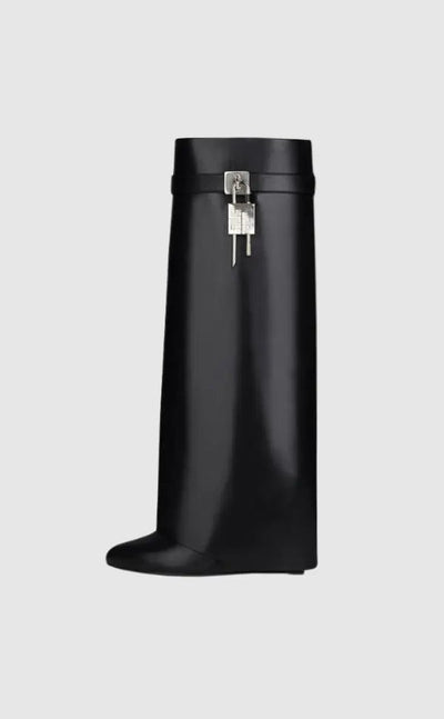 Women’s Black Vegan Leather Knee High Boots with Wedge Heel