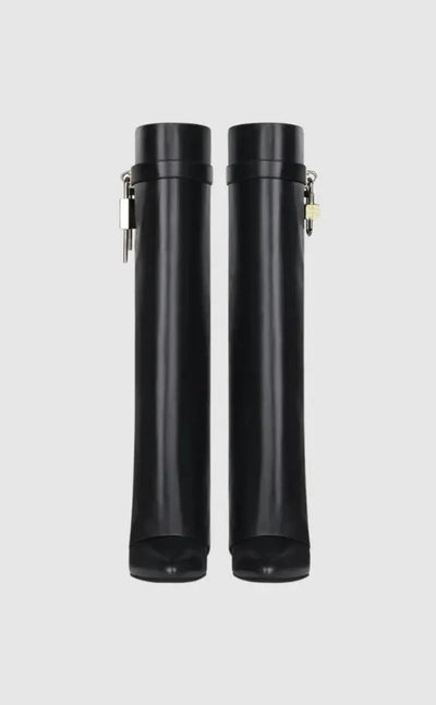 Women’s Black Vegan Leather Knee High Boots with Wedge Heel