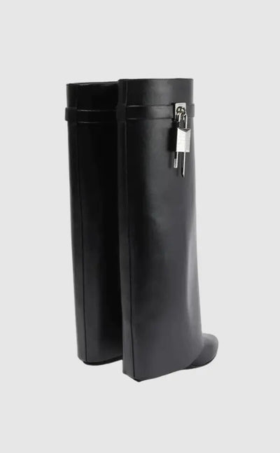 Women’s Black Vegan Leather Knee High Boots with Wedge Heel
