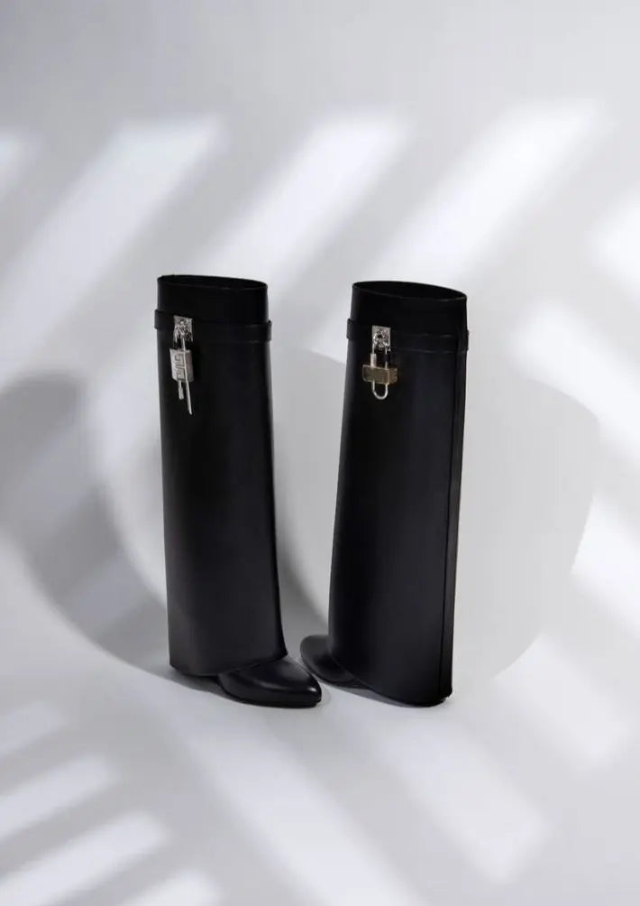 Women’s Black Vegan Leather Knee High Boots with Wedge Heel