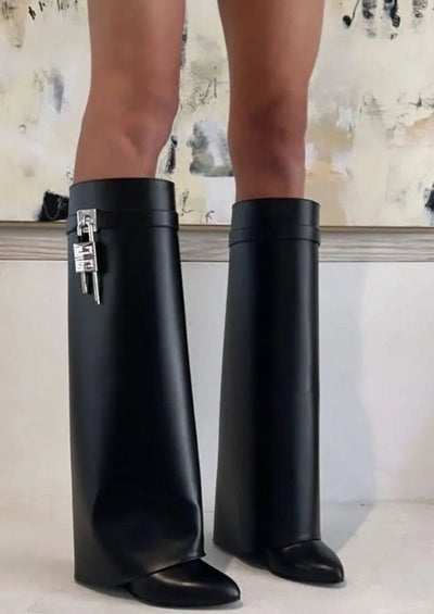 Women’s Black Vegan Leather Knee High Boots with Wedge Heel