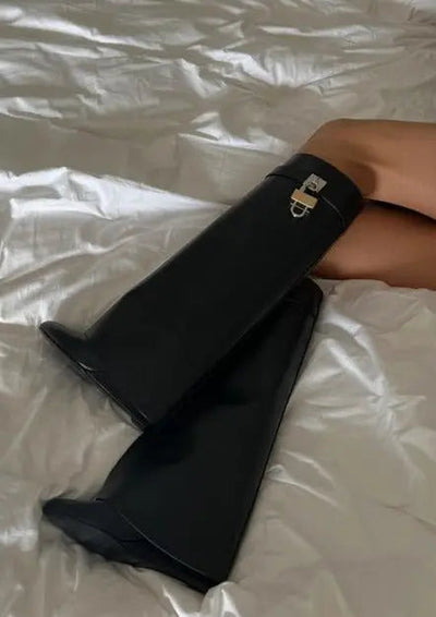 Women’s Black Vegan Leather Knee High Boots with Wedge Heel