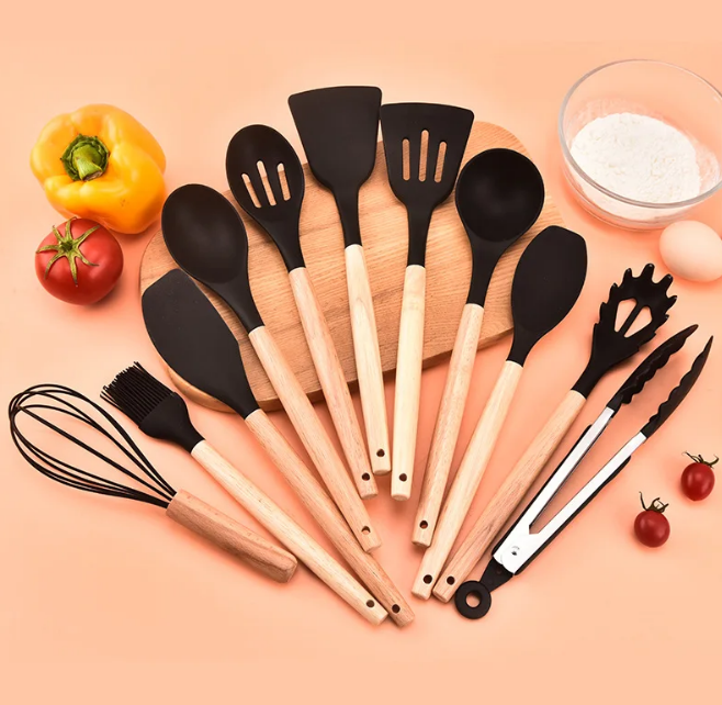 Non-Toxic BPA-Free Silicone Cooking Utensil Set with Wooden Handles Lattea