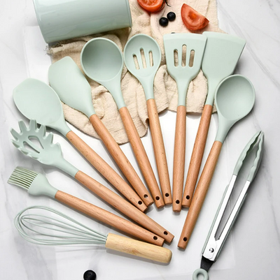 Non-Toxic BPA-Free Silicone Cooking Utensil Set with Wooden Handles Lattea