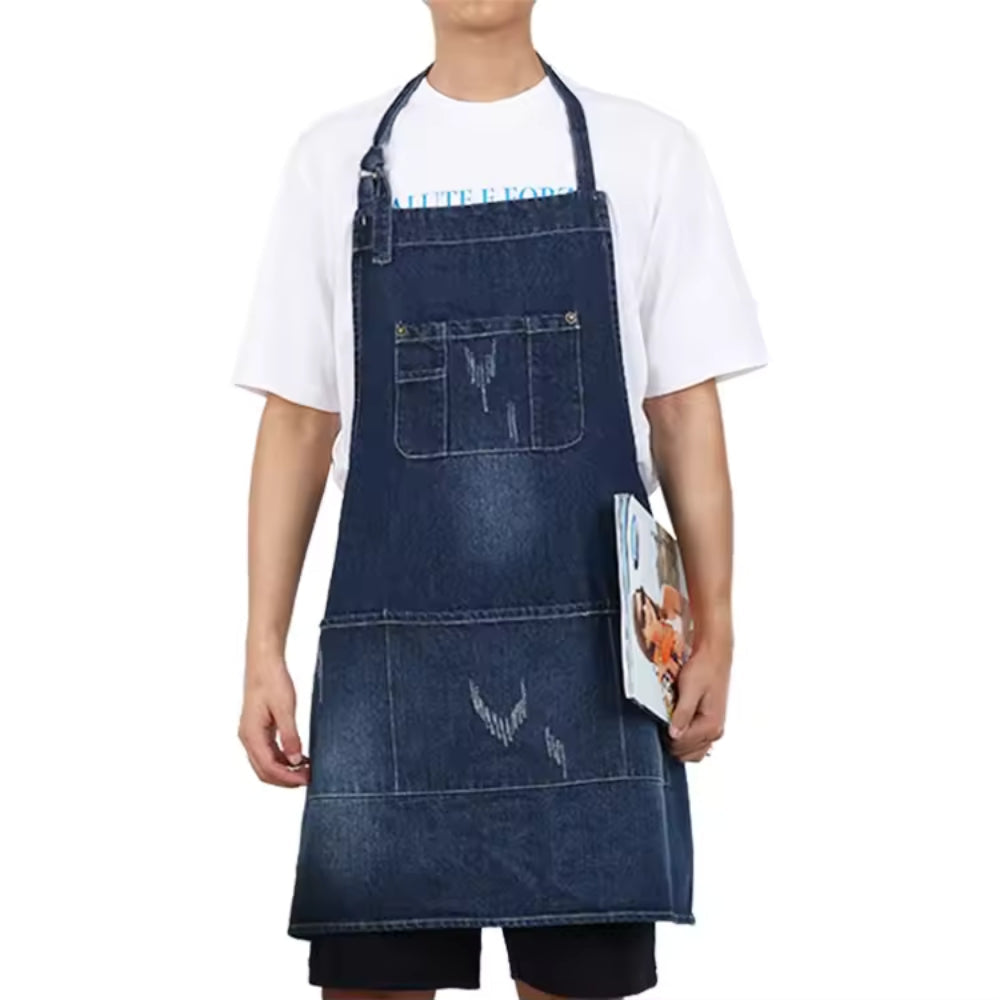 Classic Blue Denim Apron with Front Pocket for Kitchen & Gardening