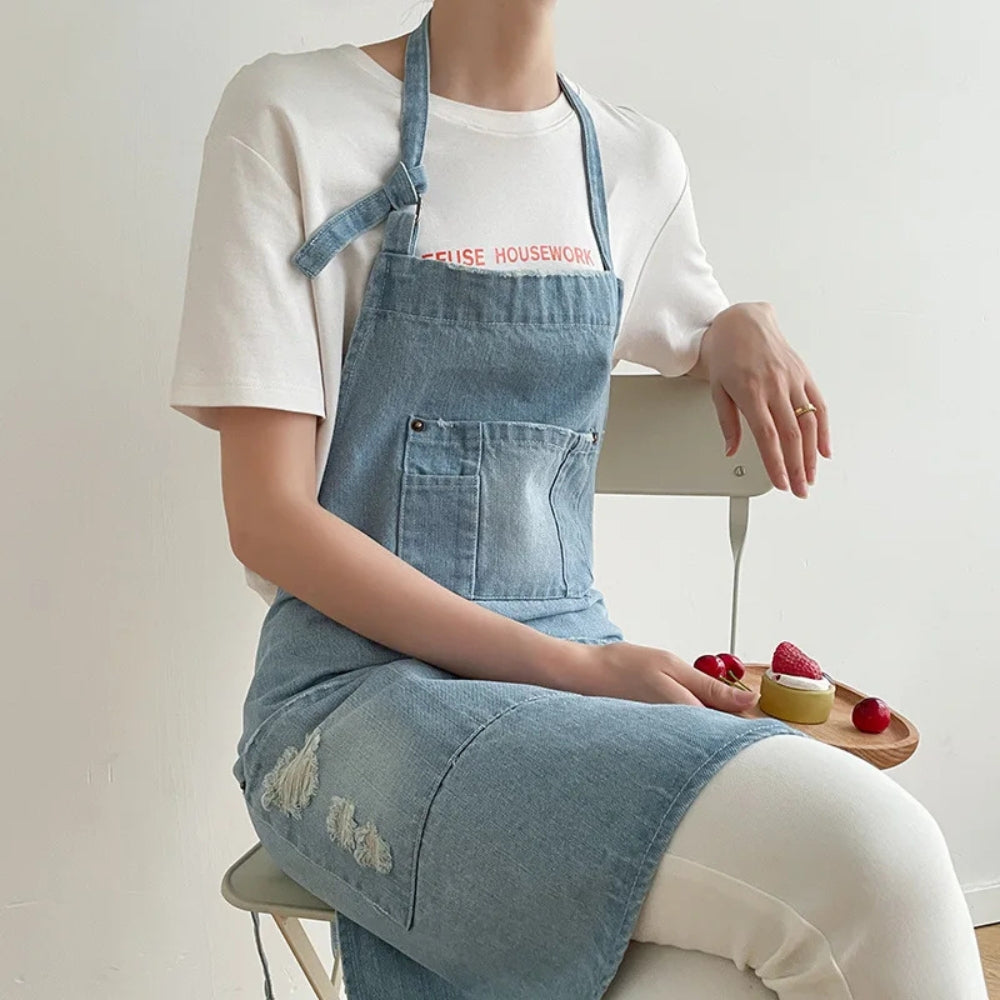 Classic Blue Denim Apron with Front Pocket for Kitchen & Gardening