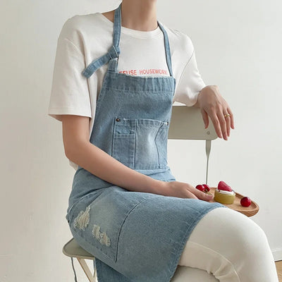 Classic Blue Denim Apron with Front Pocket for Kitchen & Gardening