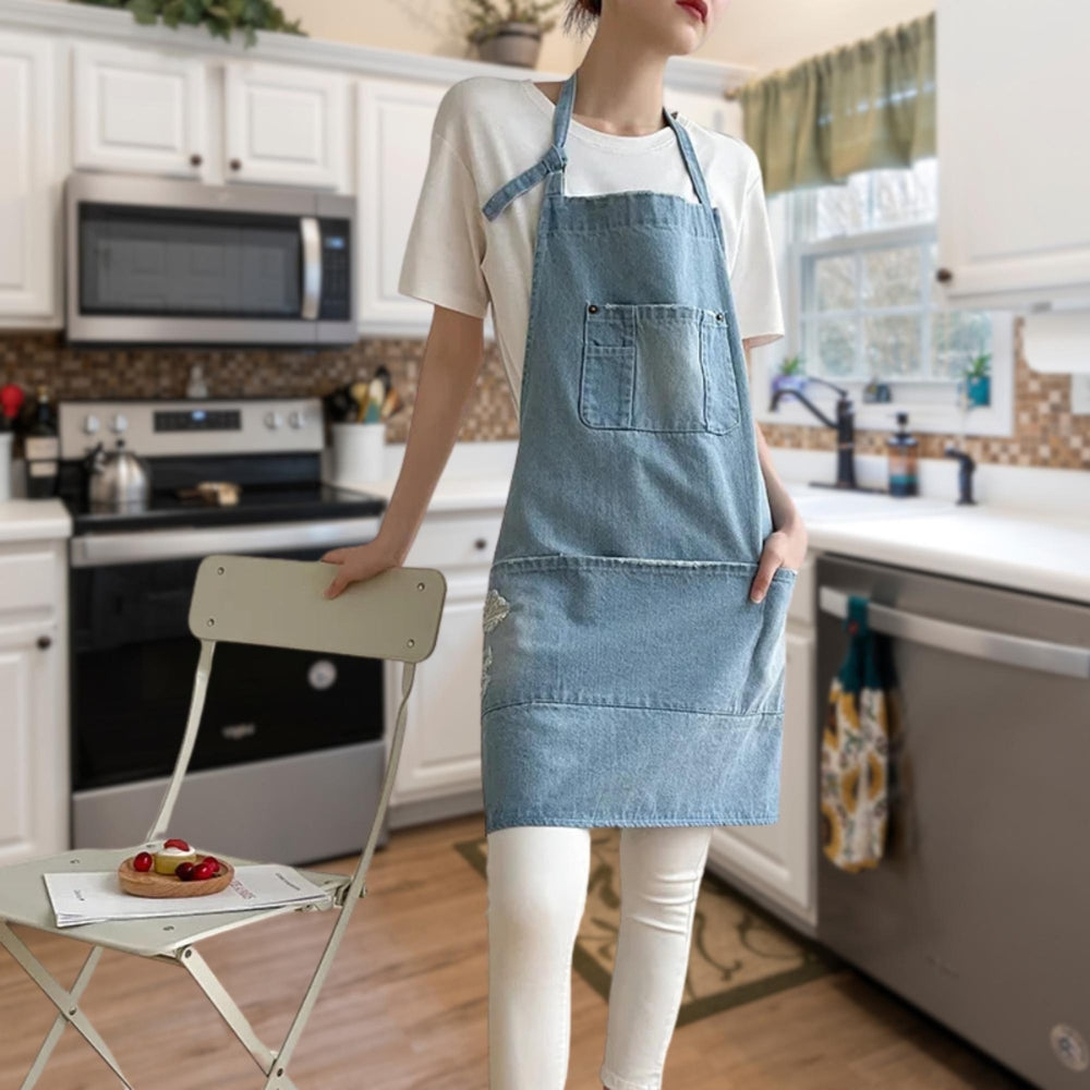 Classic Blue Denim Apron with Front Pocket for Kitchen & Gardening