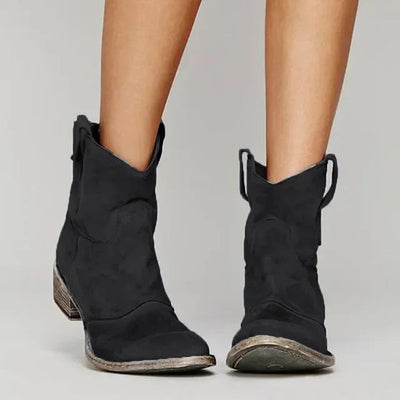Women’s Black Leather Cowboy Boots with Western Design and Comfort