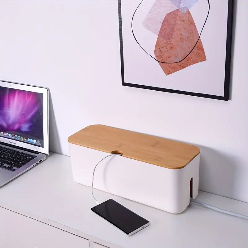 Bamboo Cable Organizer Box for Desk and TV