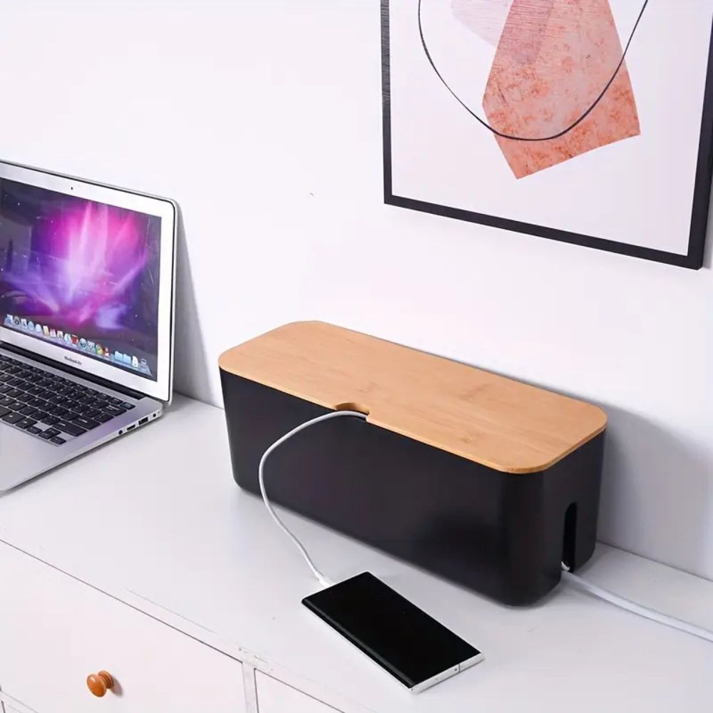 Bamboo Cable Organizer Box for Desk and TV