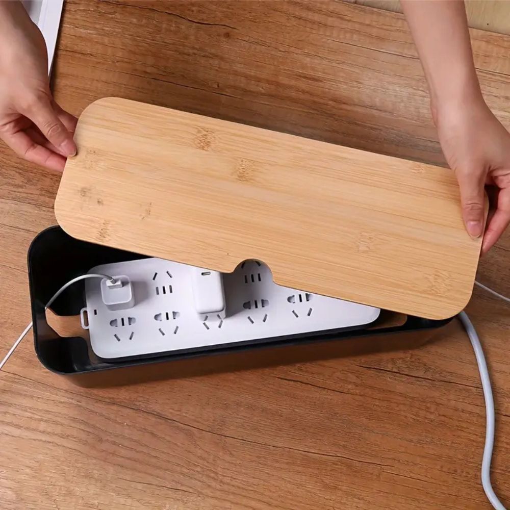 Bamboo Cable Organizer Box for Desk and TV