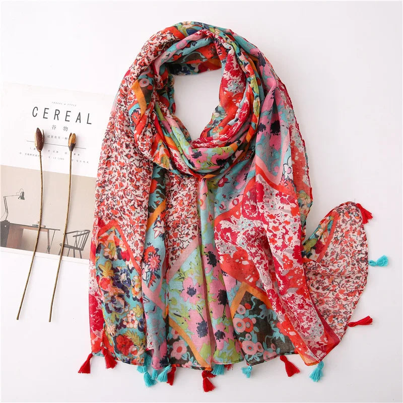 Women’s Viscose Scarf with Polka Dot Floral Pattern
