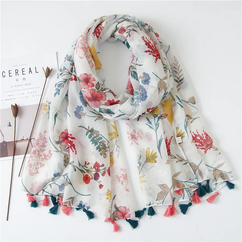 Women’s Viscose Scarf with Polka Dot Floral Pattern