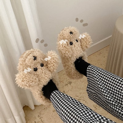 Fluffy Animal Slippers Warm Plush Indoor Shoes for Adults Kids