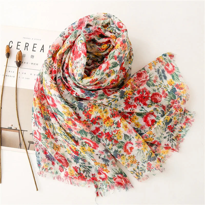 Women’s Viscose Scarf with Polka Dot Floral Pattern