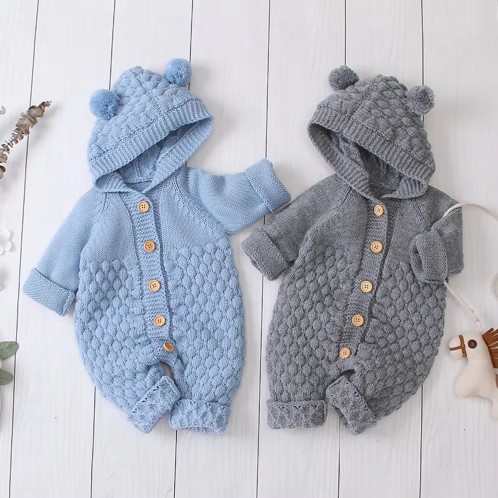 Knit Hooded Baby Romper with Bear Ears – Cozy Wear