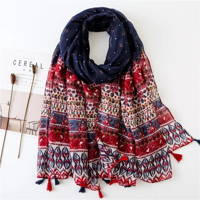 Women’s Viscose Scarf with Polka Dot Floral Pattern