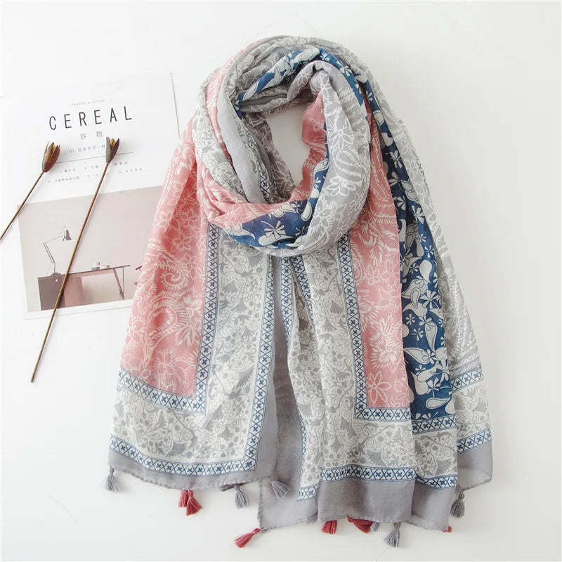 Women’s Viscose Scarf with Polka Dot Floral Pattern