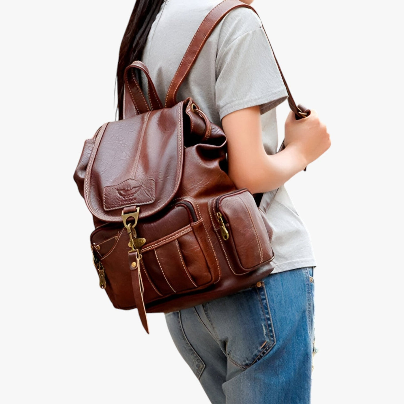 Vintage Black Faux Leather School Backpack