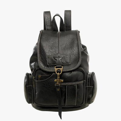 Vintage Black Faux Leather School Backpack