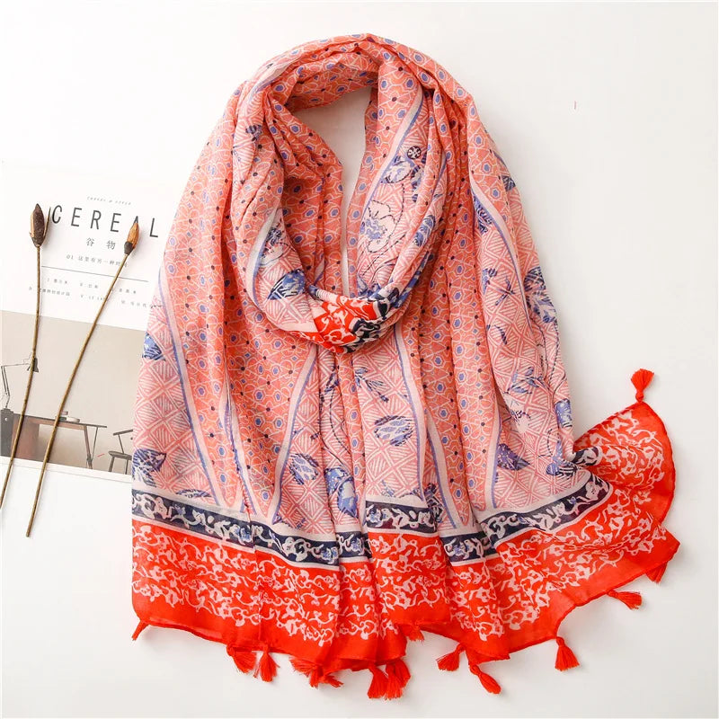 Women’s Viscose Scarf with Polka Dot Floral Pattern
