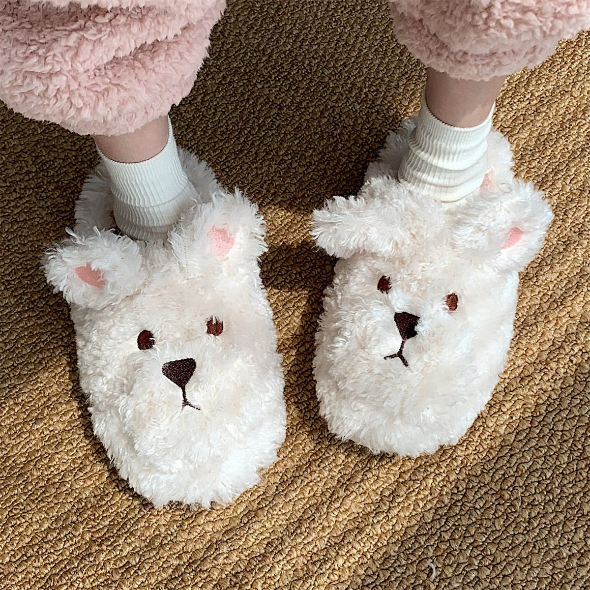 Fluffy Animal Slippers Warm Plush Indoor Shoes for Adults Kids