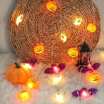 Halloween Pumpkin String Lights with Ghosts and Bats – Battery Operated LED Décor
