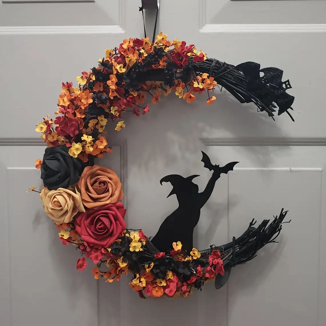 Rustic Witch Crescent Moon Floral Wreath for Halloween Door Décor