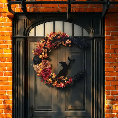 Rustic Witch Crescent Moon Floral Wreath for Halloween Door Décor