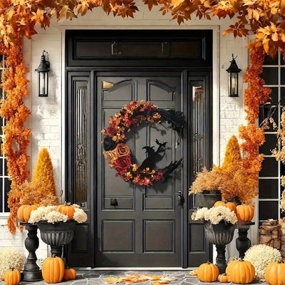 Rustic Witch Crescent Moon Floral Wreath for Halloween Door Décor