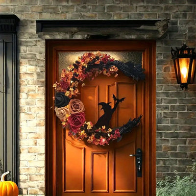 Rustic Witch Crescent Moon Floral Wreath for Halloween Door Décor