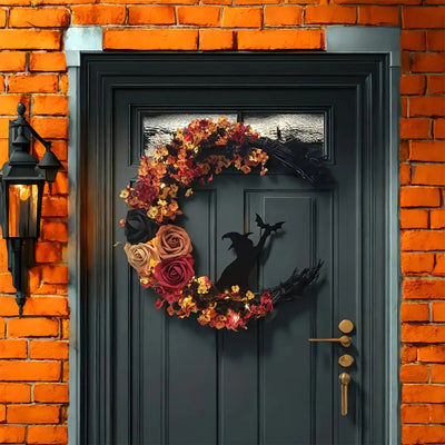Rustic Witch Crescent Moon Floral Wreath for Halloween Door Décor