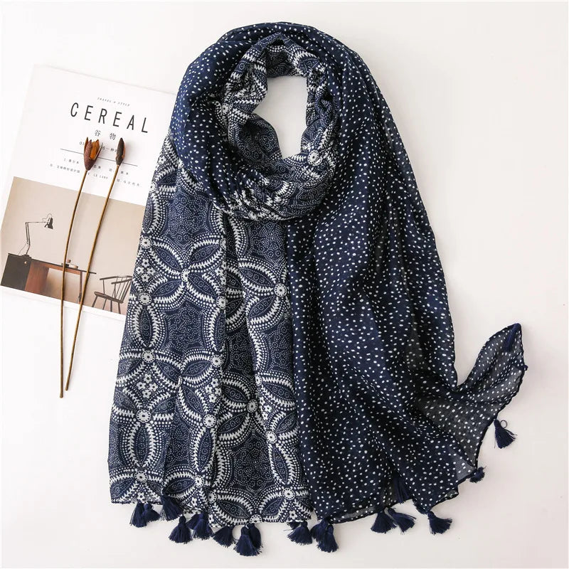 Women’s Viscose Scarf with Polka Dot Floral Pattern