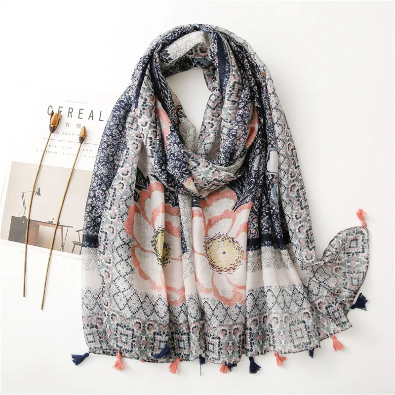 Women’s Viscose Scarf with Polka Dot Floral Pattern