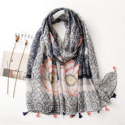 Women’s Viscose Scarf with Polka Dot Floral Pattern