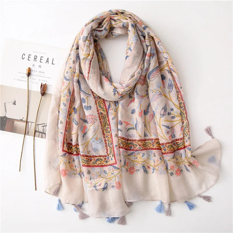 Women’s Viscose Scarf with Polka Dot Floral Pattern