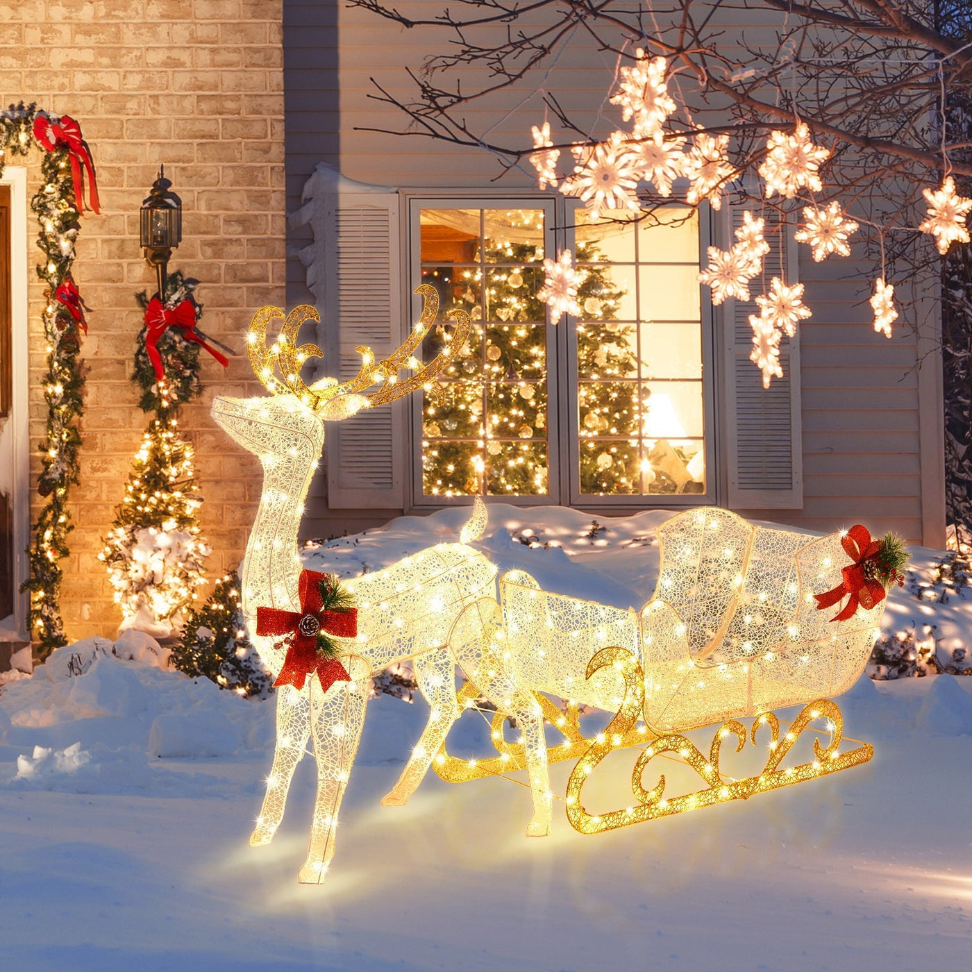 Illuminated Christmas Reindeer & Santa Sleigh Decor