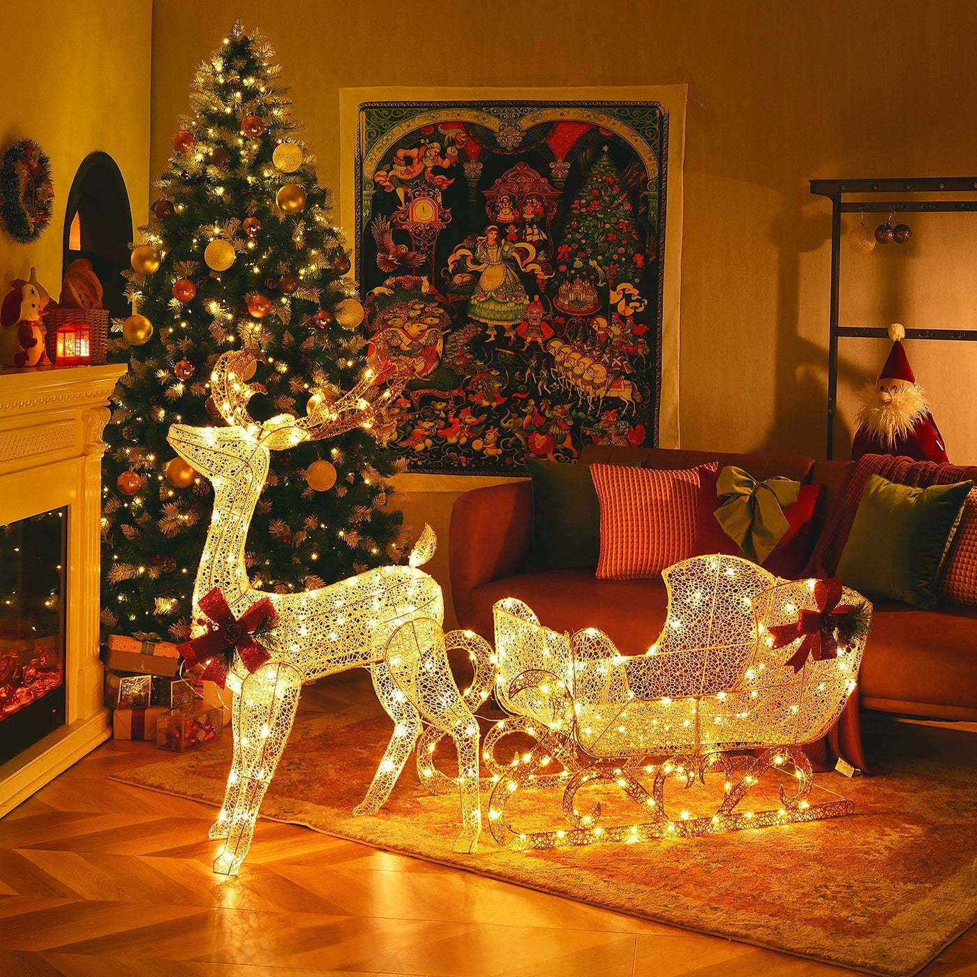 Illuminated Christmas Reindeer & Santa Sleigh Decor