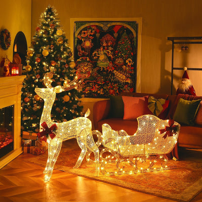 Illuminated Christmas Reindeer & Santa Sleigh Decor