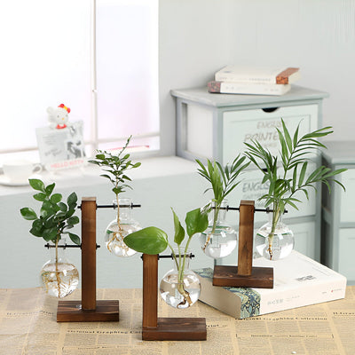 Rustic Wooden Hydroponic Plant Holder with Glass Vase