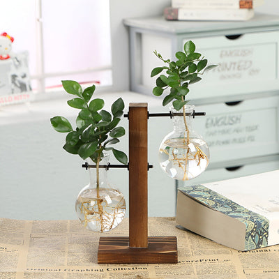 Rustic Wooden Hydroponic Plant Holder with Glass Vase
