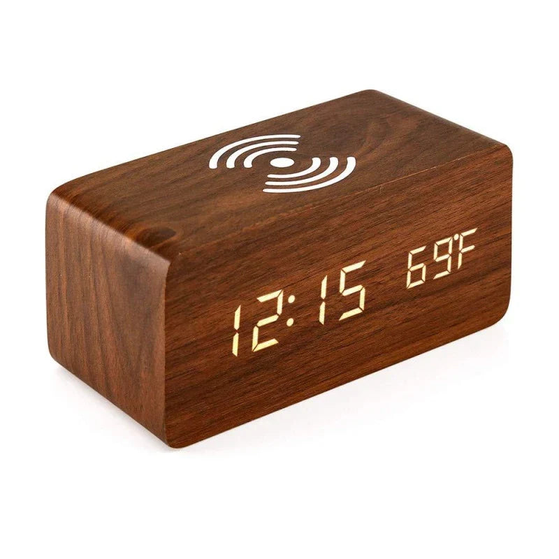 Wooden Digital Alarm Clock with Wireless Charging