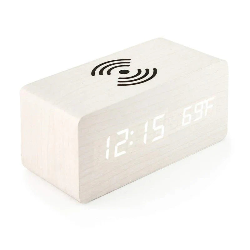 Wooden Digital Alarm Clock with Wireless Charging