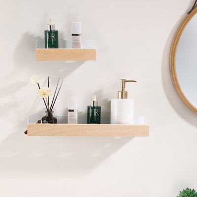 Woodify Towel Rack – No-Drill Wall-Mounted Shower Shelf with Wooden Accents