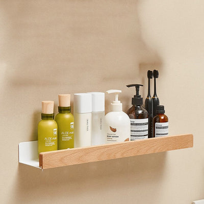 Woodify Towel Rack – No-Drill Wall-Mounted Shower Shelf with Wooden Accents