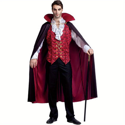 Men’s Gothic Vampire Halloween Costume with Cape and Ruffled Shirt