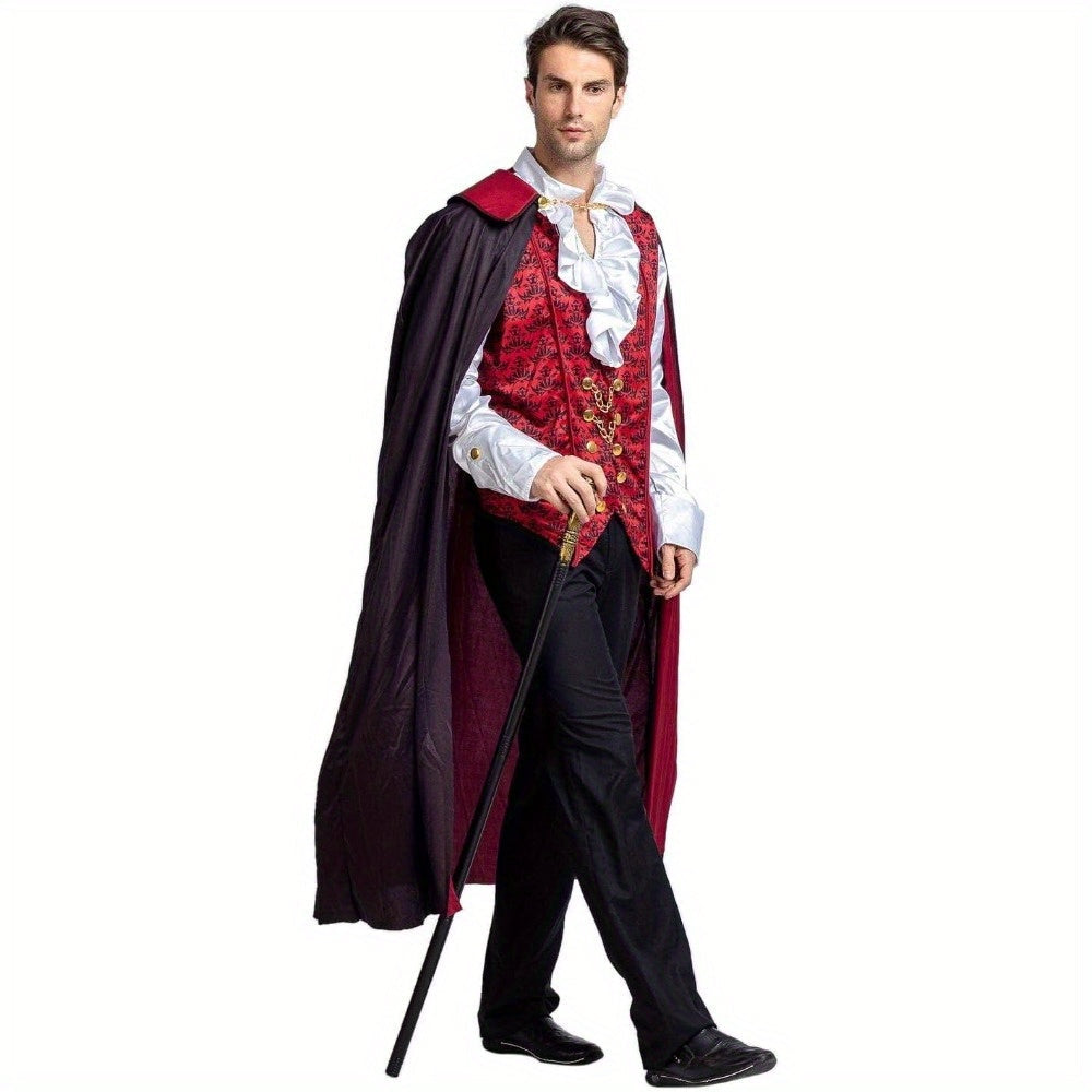 Men’s Gothic Vampire Halloween Costume with Cape and Ruffled Shirt