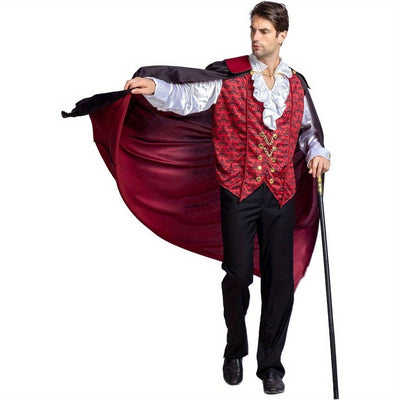 Men’s Gothic Vampire Halloween Costume with Cape and Ruffled Shirt